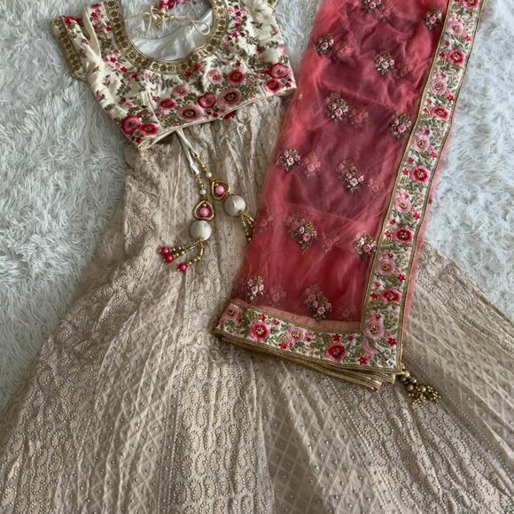 Elegant Cream and Pink Embroidered Lehenga - Picture 4 of 7